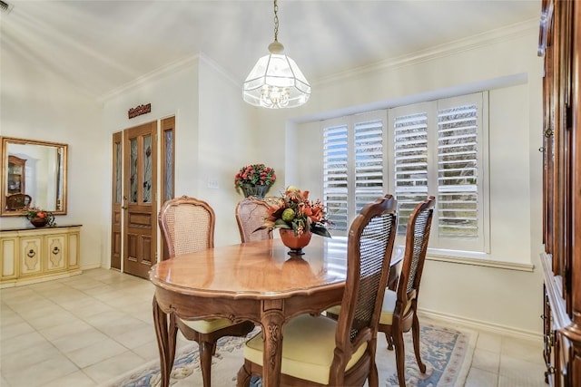 1310 Clayton Nolen, Horseshoe Bay, TX 78657 - dining space featuring light tile patterned flooring, ornamental molding, a chandelier, and baseboards
