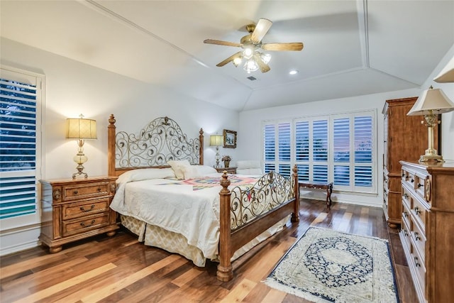 1310 Clayton Nolen, Horseshoe Bay, TX 78657 - bedroom with vaulted ceiling, wood finished floors, a ceiling fan, and recessed lighting