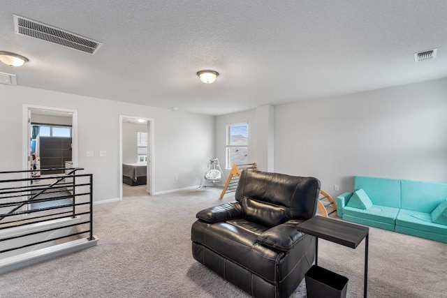224 Backstays Loop, Kyle, TX 78640 - carpeted living area featuring baseboards and a textured ceiling