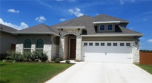 5301 Ponte Tresa Dr, Bee Cave, TX 78738 - french country home featuring stone siding, driveway, roof with shingles, and an attached garage