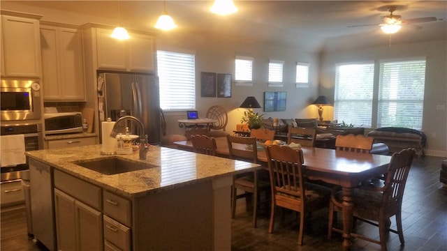 5301 Ponte Tresa Dr, Bee Cave, TX 78738 - kitchen with appliances with stainless steel finishes, a sink, dark wood-style floors, open floor plan, and a kitchen island with sink