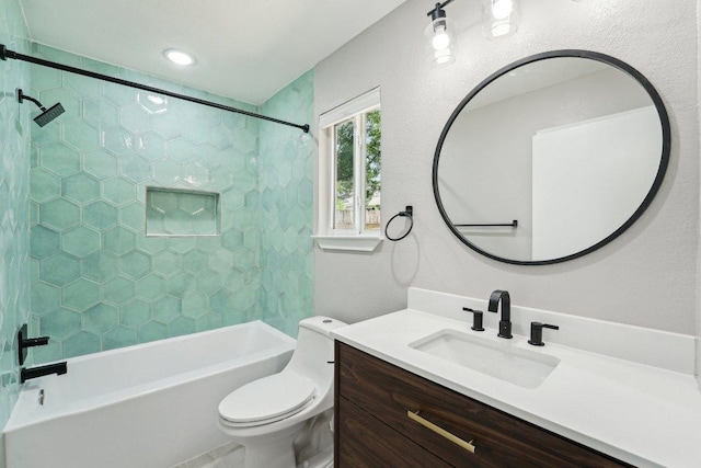 bathroom with toilet, vanity, and shower / bath combination