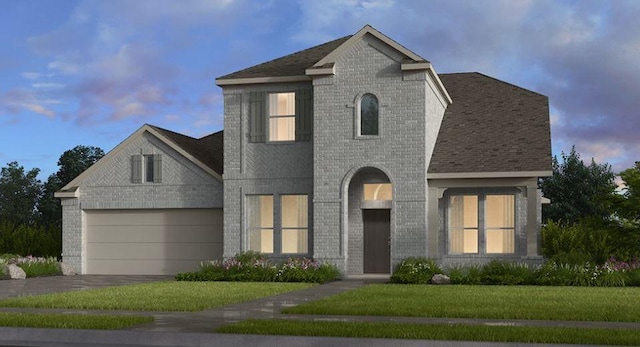 1821 Plum Tree Way, Georgetown, TX 78628 - french provincial home featuring driveway, a front yard, brick siding, a garage, and roof with shingles