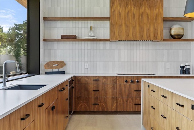 1604 Barclay Dr, Austin, TX 78746 - kitchen with open shelves, a sink, light countertops, and decorative backsplash