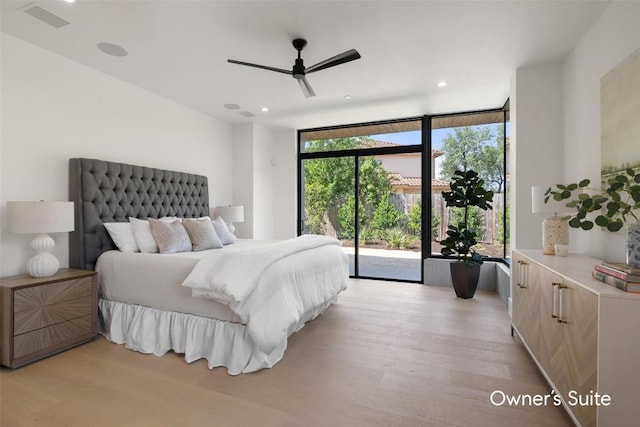 1604 Barclay Dr, Austin, TX 78746 - bedroom featuring access to exterior, floor to ceiling windows, light wood finished floors, recessed lighting, and a ceiling fan