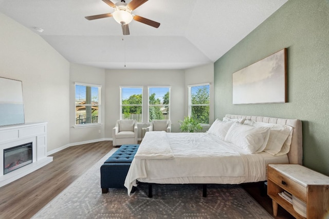 1116 View Dr, Georgetown, TX 78628 - bedroom with wood finished floors, vaulted ceiling, a glass covered fireplace, and a ceiling fan