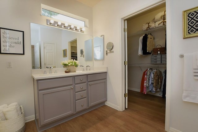 101 Scurry Pass, Georgetown, TX 78633 - full bathroom featuring wood finished floors, double vanity, baseboards, and a spacious closet