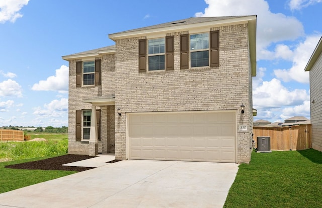 traditional-style house with driveway, an attached garage, central AC unit, and brick siding