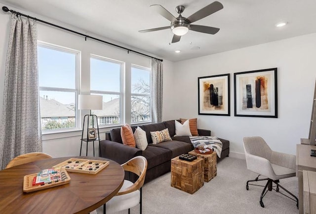 100 Trans Pecos Ct, Georgetown, TX 78628 - carpeted living room featuring healthy amount of natural light, ceiling fan, recessed lighting, and baseboards