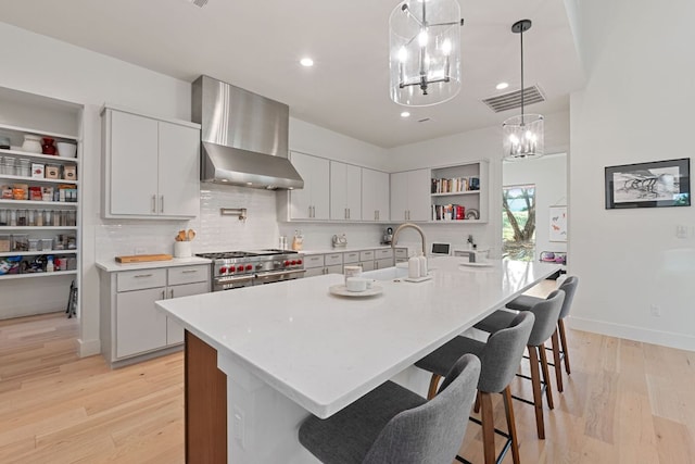 1769 Parten Ranch Pkwy, Austin, TX 78737 - kitchen featuring wall chimney range hood, a sink, open shelves, light countertops, and double oven range