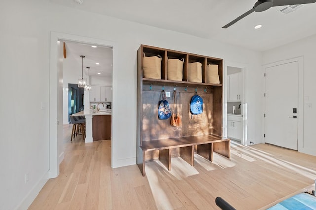 1769 Parten Ranch Pkwy, Austin, TX 78737 - mudroom featuring light wood-style floors, ceiling fan, recessed lighting, baseboards, and a sink