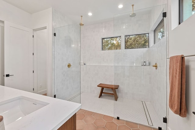 1769 Parten Ranch Pkwy, Austin, TX 78737 - full bath with a walk in shower, tile patterned flooring, vanity, and recessed lighting