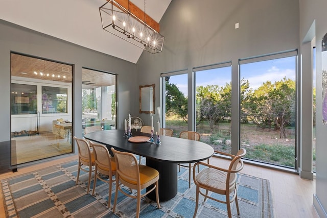 1769 Parten Ranch Pkwy, Austin, TX 78737 - dining area featuring high vaulted ceiling, wood finished floors, and a chandelier