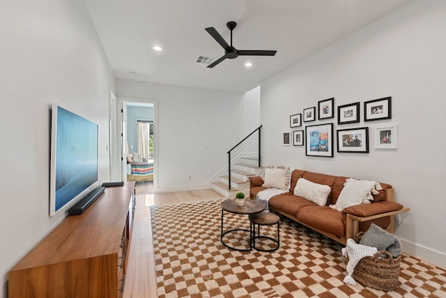 1769 Parten Ranch Pkwy, Austin, TX 78737 - living area with light wood-style flooring, ceiling fan, stairway, recessed lighting, and baseboards