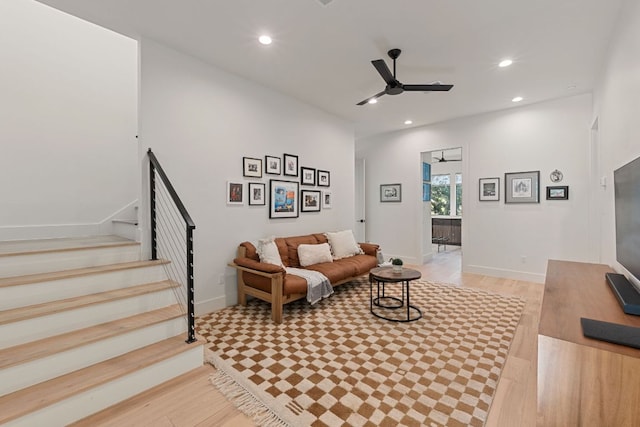 1769 Parten Ranch Pkwy, Austin, TX 78737 - living area with ceiling fan, recessed lighting, stairs, light wood-style floors, and baseboards