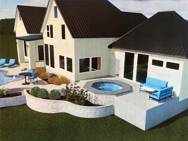 1769 Parten Ranch Pkwy, Austin, TX 78737 - rear view of property featuring an in-ground hot tub, a patio area, stucco siding, an outdoor pool, and a yard