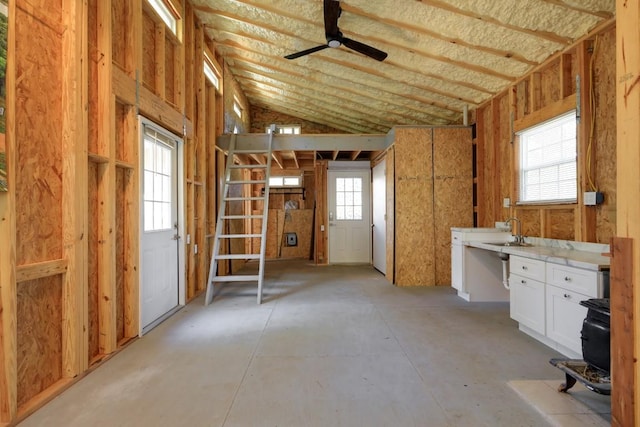 203 Hickory Dr, Sheridan, TX 77475 - misc room with a ceiling fan, plenty of natural light, a sink, and lofted ceiling
