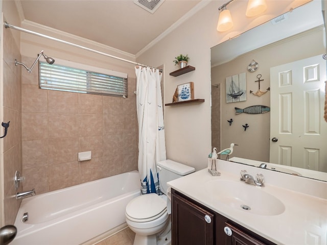 107 Wisteria Way, San Marcos, TX 78666 - bathroom with shower / bathtub combination with curtain, toilet, crown molding, vanity, and tile patterned floors