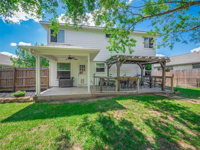 107 Wisteria Way, San Marcos, TX 78666 - back of house with a pergola, ceiling fan, a patio, and central AC