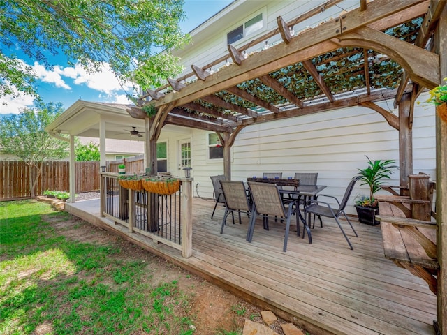 107 Wisteria Way, San Marcos, TX 78666 - wooden terrace with outdoor dining space, a fenced backyard, a pergola, and a ceiling fan