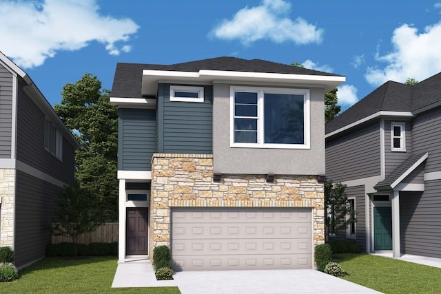 contemporary home with stone siding, driveway, an attached garage, and stucco siding