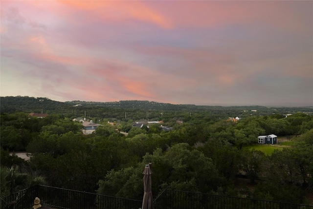 view of mountain background with a heavily wooded area