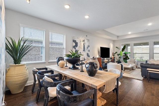5333 Corelli Fls, Round Rock, TX 78665 - dining area with healthy amount of natural light, dark wood-style floors, recessed lighting, and a raised ceiling