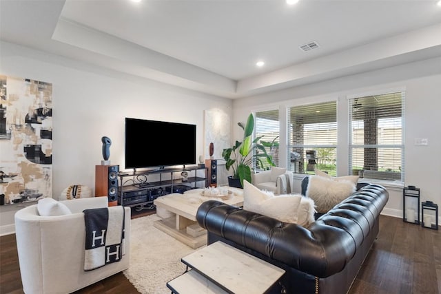 living area with wood finished floors, recessed lighting, a tray ceiling, and plenty of natural light
