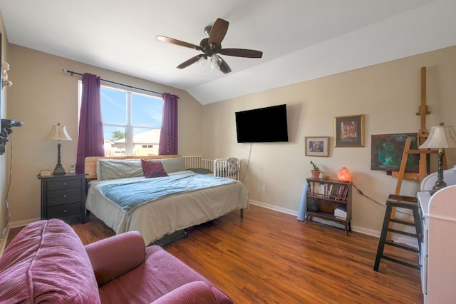 213 Sapphire Ln, Jarrell, TX 76537 - bedroom featuring baseboards, wood finished floors, vaulted ceiling, and a ceiling fan