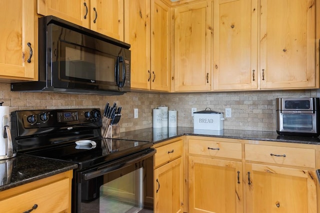 3585 W Amity Rd, Salado, TX 76571 - kitchen with black appliances, backsplash, dark stone countertops, and light brown cabinets