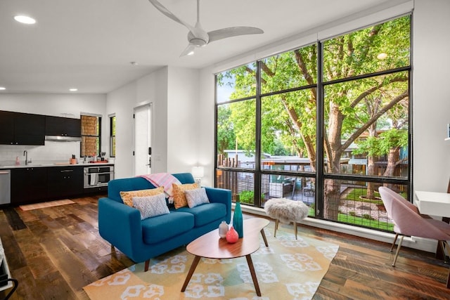 1705 Collier St, Austin, TX 78704 - living room featuring wet bar, recessed lighting, a ceiling fan, and dark wood-style flooring