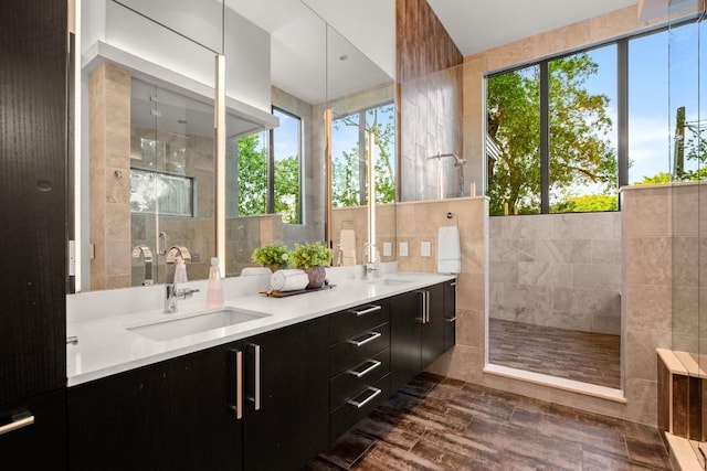 bathroom with a tile shower, healthy amount of natural light, and double vanity
