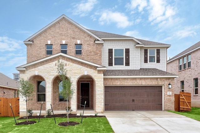 3740 Liberi Ln, Round Rock, TX 78655 - view of front of property featuring an attached garage, concrete driveway, covered porch, a shingled roof, and brick siding