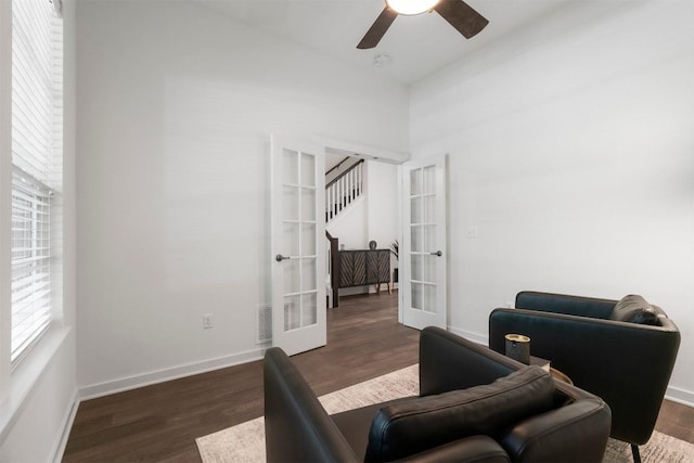 4108 Berkman Dr, Austin, TX 78723 - sitting room featuring french doors, a ceiling fan, dark wood finished floors, and baseboards