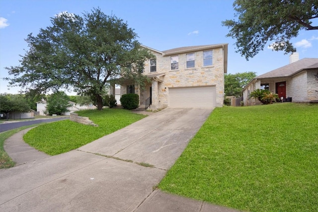 1816 Melissa Oaks Ln, Austin, TX 78744 - traditional home with stone siding, concrete driveway, an attached garage, and a front yard