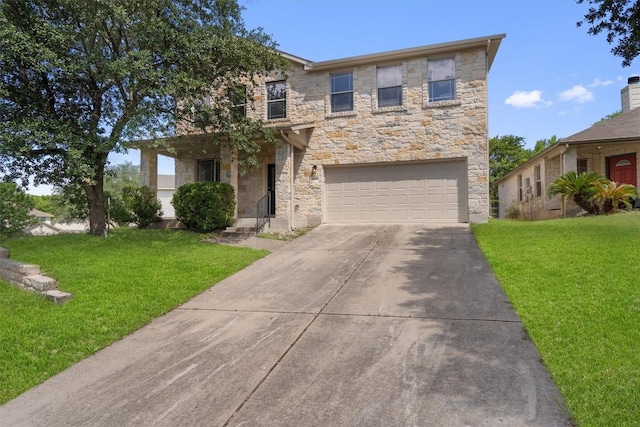1816 Melissa Oaks Ln, Austin, TX 78744 - view of front facade with stone siding, an attached garage, a front lawn, and driveway
