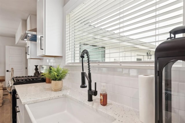 5530 US Highway 90a W, Shiner, TX 77984 - detailed view of stainless steel gas range oven, a sink, tasteful backsplash, and white cabinetry