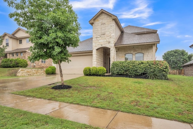 view of front of property featuring an attached garage, a front yard, concrete driveway, stone siding, and roof with shingles