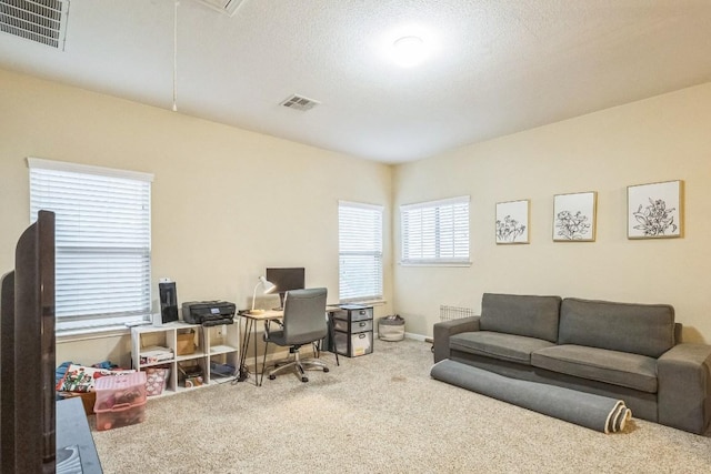 office featuring attic access, carpet flooring, and baseboards