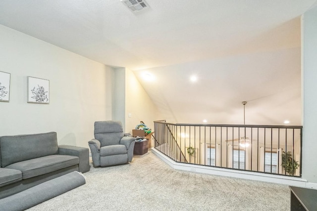 living area with carpet, vaulted ceiling, and recessed lighting