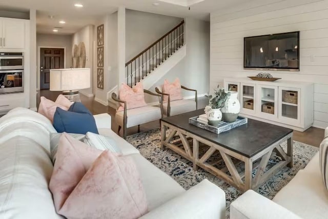 16804 Santiaguillo Trce, Manor, TX 78653 - living area featuring stairway, recessed lighting, wood finished floors, and wooden walls
