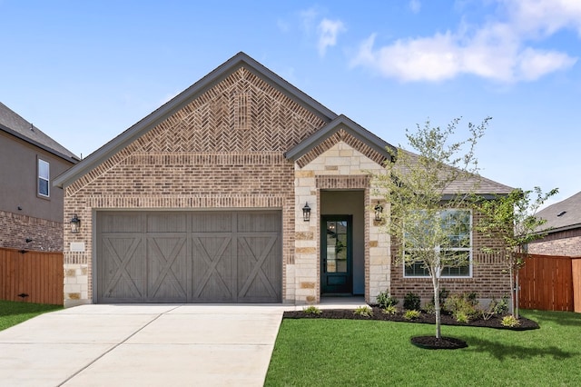 116 Nandina Path, Bastrop, TX 78602 - french provincial home with brick siding, driveway, a garage, and stone siding