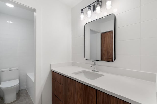 1800 Nicole Cir, Round Rock, TX 78664 - full bathroom featuring vanity, toilet, a bath, and tile walls