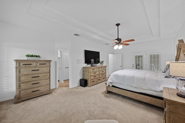 906 Texas Trl, Austin, TX 78737 - bedroom with a tray ceiling, light carpet, baseboards, and ceiling fan