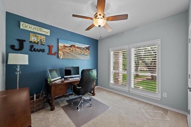 906 Texas Trl, Austin, TX 78737 - home office with ceiling fan, carpet flooring, and baseboards