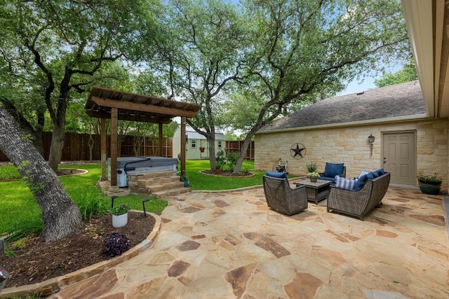 906 Texas Trl, Austin, TX 78737 - view of patio with an outdoor hangout area and a hot tub