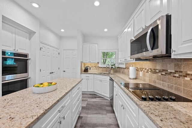 906 Texas Trl, Austin, TX 78737 - kitchen with appliances with stainless steel finishes, a sink, white cabinets, recessed lighting, and light stone counters
