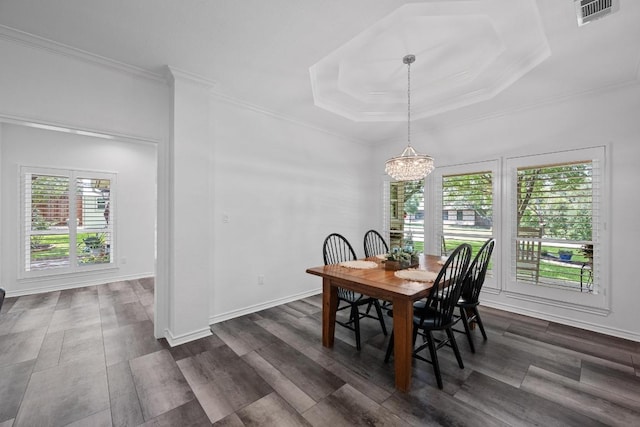 906 Texas Trl, Austin, TX 78737 - dining room with a chandelier, crown molding, dark wood-type flooring, a raised ceiling, and baseboards