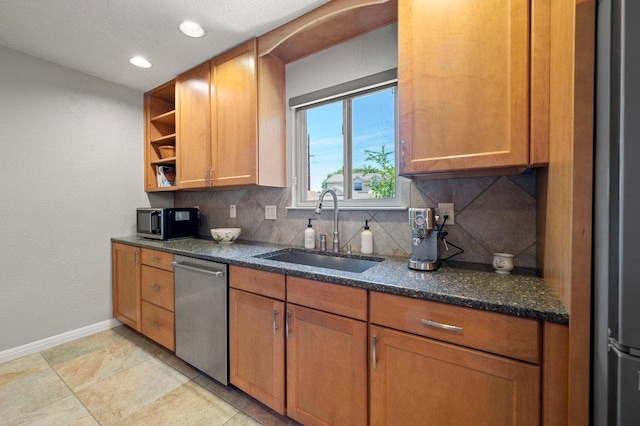 11707 Ruffed Grouse Dr, Austin, TX 78758 - kitchen featuring appliances with stainless steel finishes, backsplash, open shelves, dark stone counters, and brown cabinetry