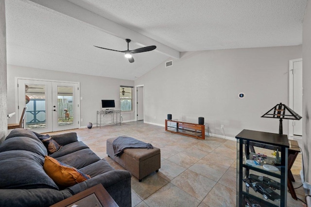 11707 Ruffed Grouse Dr, Austin, TX 78758 - living area with a textured ceiling, a ceiling fan, french doors, and light tile patterned flooring